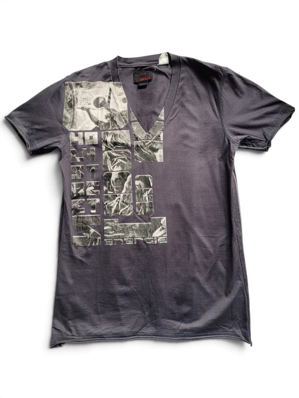 Vintage Y2K Energie Cyber Grunge V-Neck Graphic Tee in Charcoal Medium